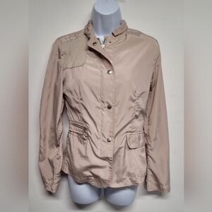 June S Beige Windbreaker Jacket Leather Trim Snap Down Front